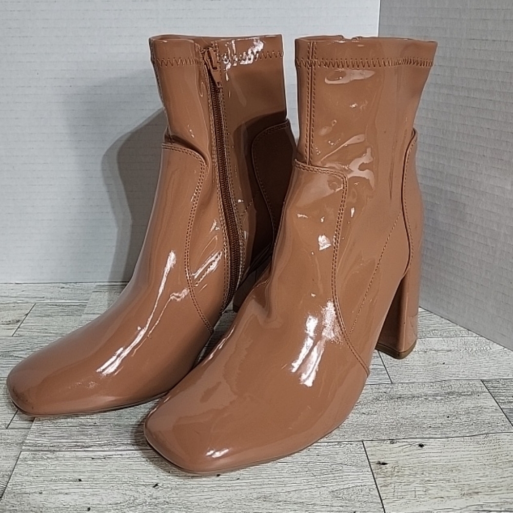 Patent Block Heel Ankle Boots - Nude Brown